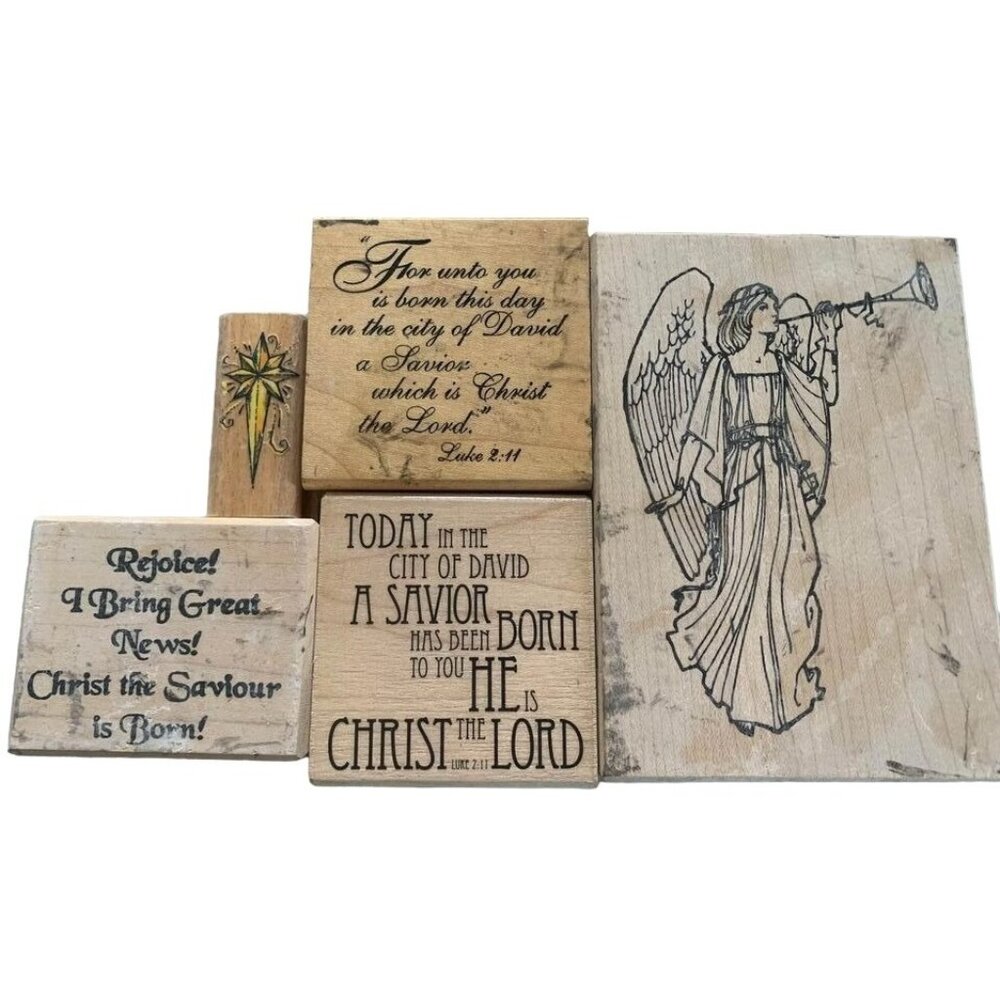 Small Wooden Christmas Rubber Stamps Angel Holly Luke 2:11 Joyful Messages Lot 5
